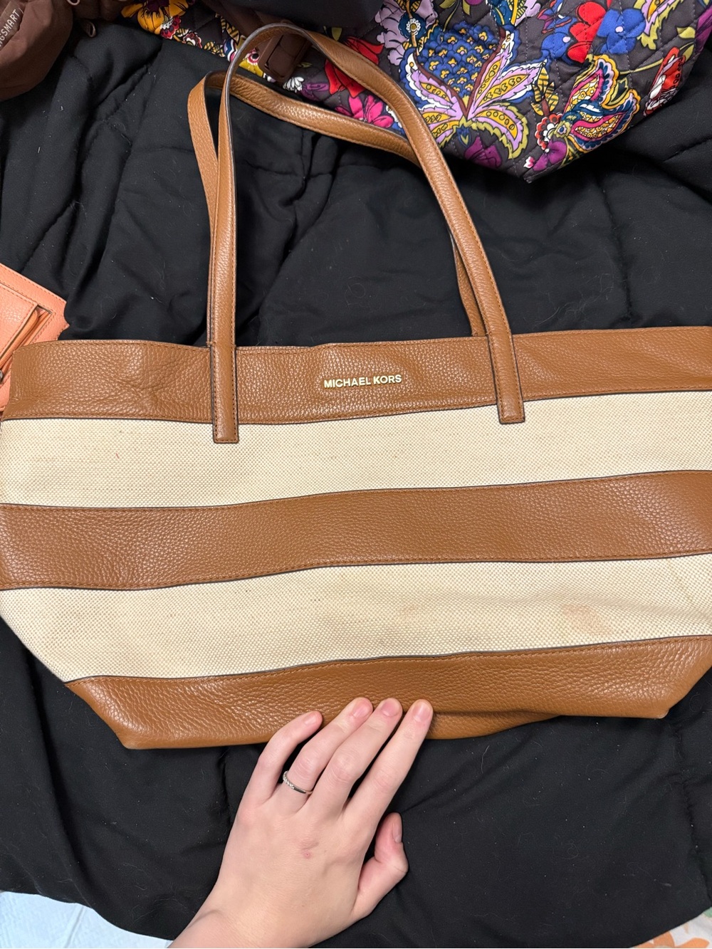 Michael Kors Tan & Cream Striped Leather Tote